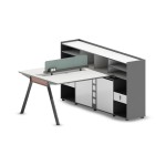 meja kerja dua orang berhadapan yang dilengkapi high cabinet